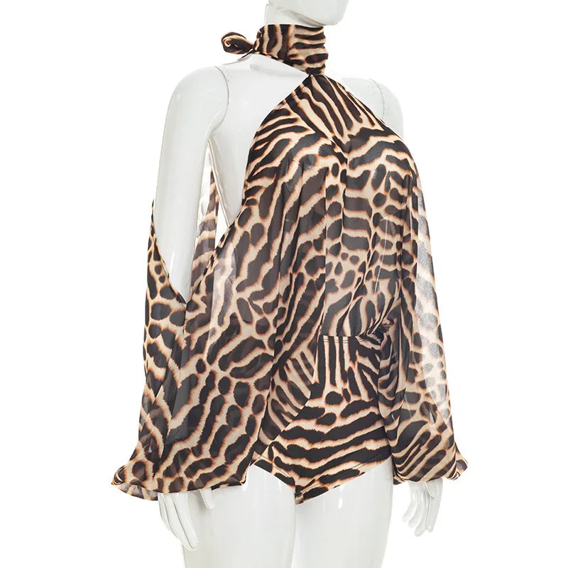 Leopard Print 2 Piece Short Set Women Club Party Outfit Summer Halter Off Shoulder Top Shirt Shorts Matching Sets Beach Vacation
