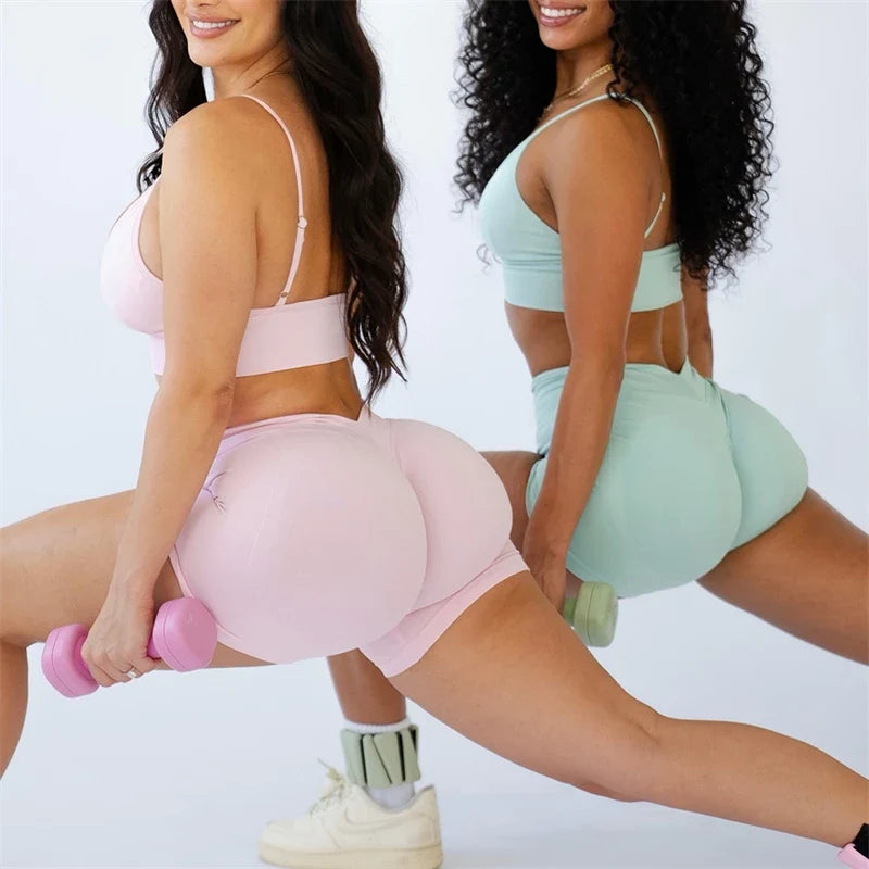 Bum 2PCS Seamless Yoga Set Women Blossom Bra + V-Back Shorts Gym Workout Suits Wear Women Sports Scrunch Butt Set Sportswear
