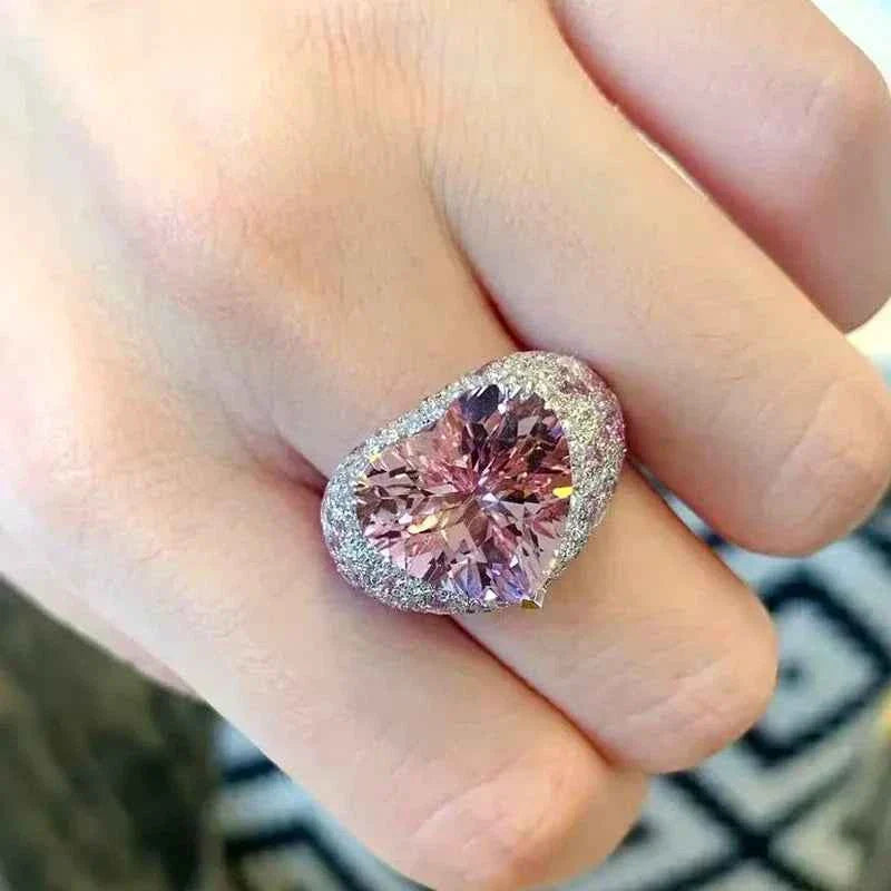 Big Pink Crystal LOVE Heart Open Ring