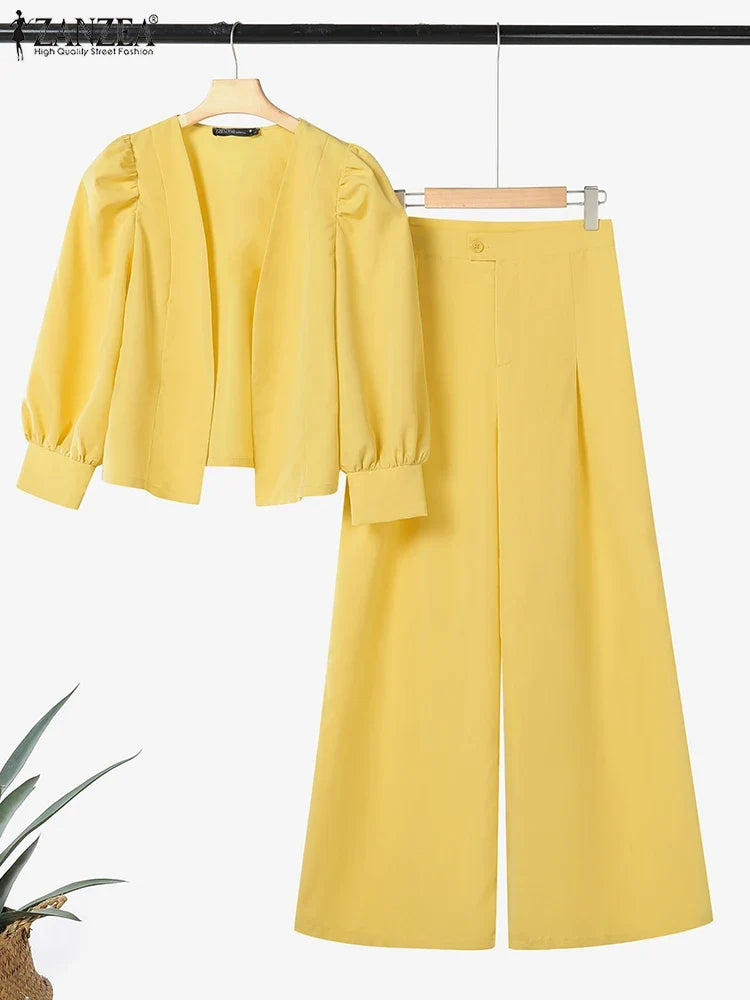 ZANZEA Elegant 2pcs Women Pant Sets Long Sleeve Cardigan Suit and High Waist Wide Leg Pants 2025 Fashion Solid Two-piece Outfits