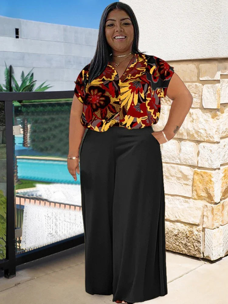 Woman 2 Piece Outfit Set Plus Size Summer Casual Suit Set Floral Print Shirt Pants Set Basic Lounge Wear