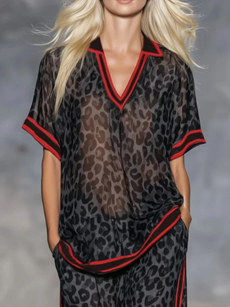 Women's Leopard Print Two Piece Outfit - Short Sleeve V-Neck Top & Wide Leg Pants Set Red Striped Trim Semi-Sheer Chiffon Set