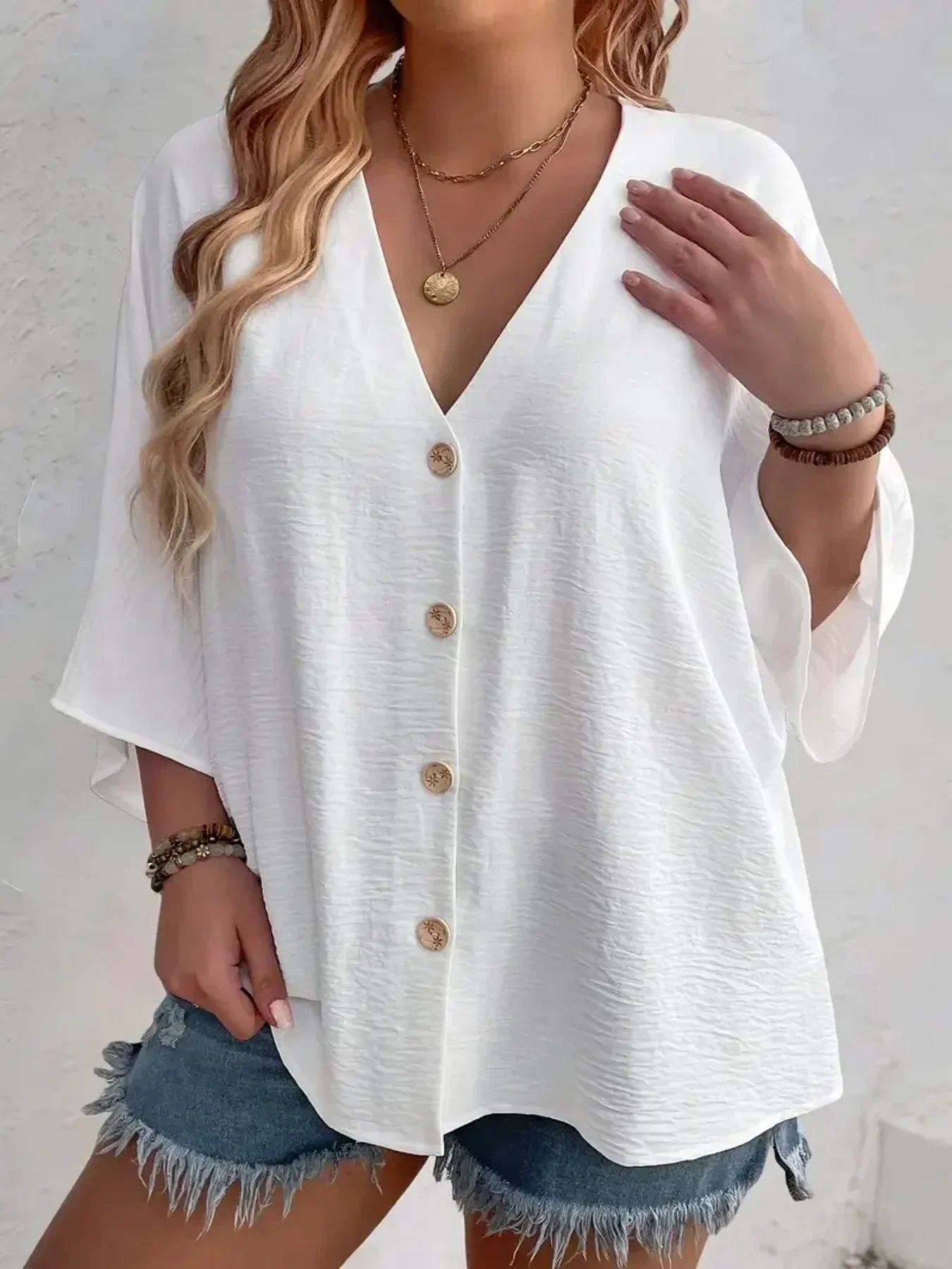 Plus-size Women's T-shirt Solid Color Breathable Spring/summer V-neck Button Travel Casual Wear with European and American Style