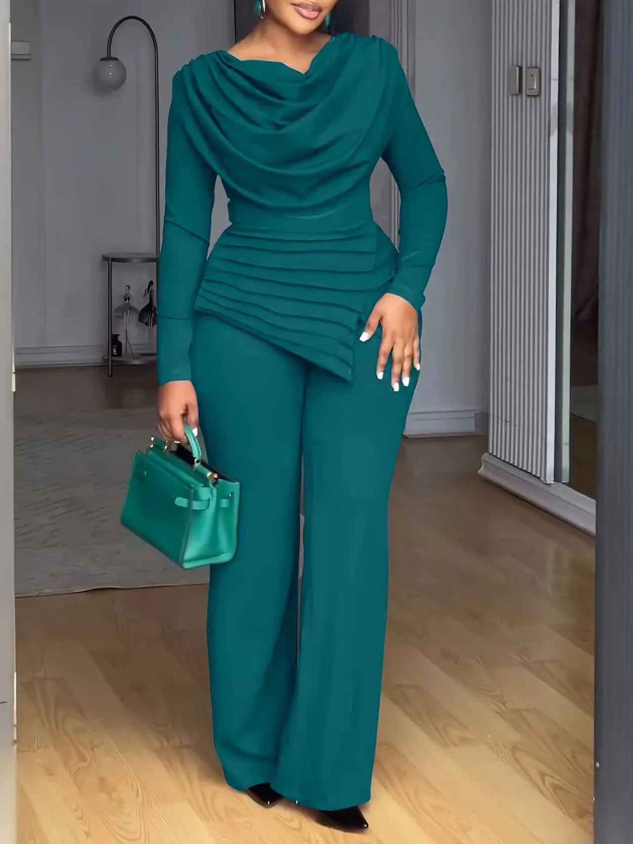 Fashion Solid Set For Women Casual Long Sleeve Pile Collar Slim Tops+High Waist Wide Leg Pants 2 Piece Sets Lady Office Clothes