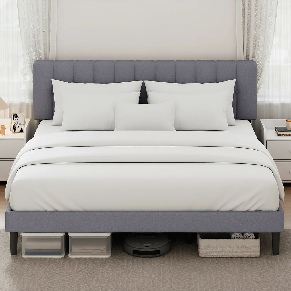 JHK Wooden Upholstered Platform Bed With Adjustable Headboard