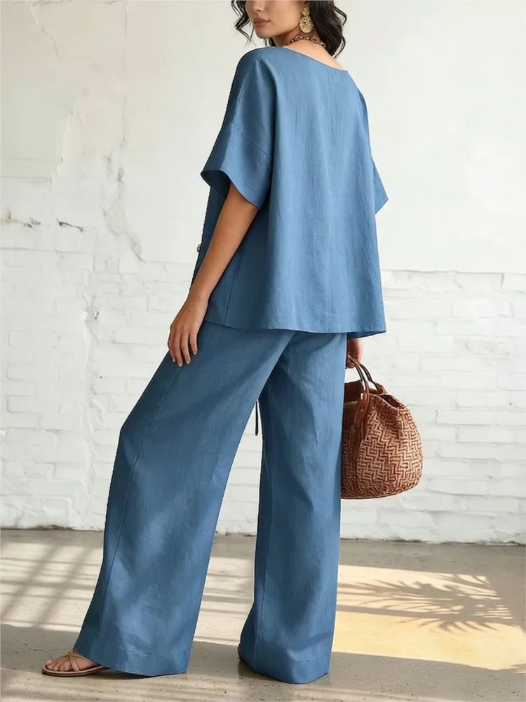 Casual Loose Pants Sets Women Summer 2026 Fashion Short Sleeve V-neck Tops And Wide Leg Pant 2 Piece Set Woman Outfits