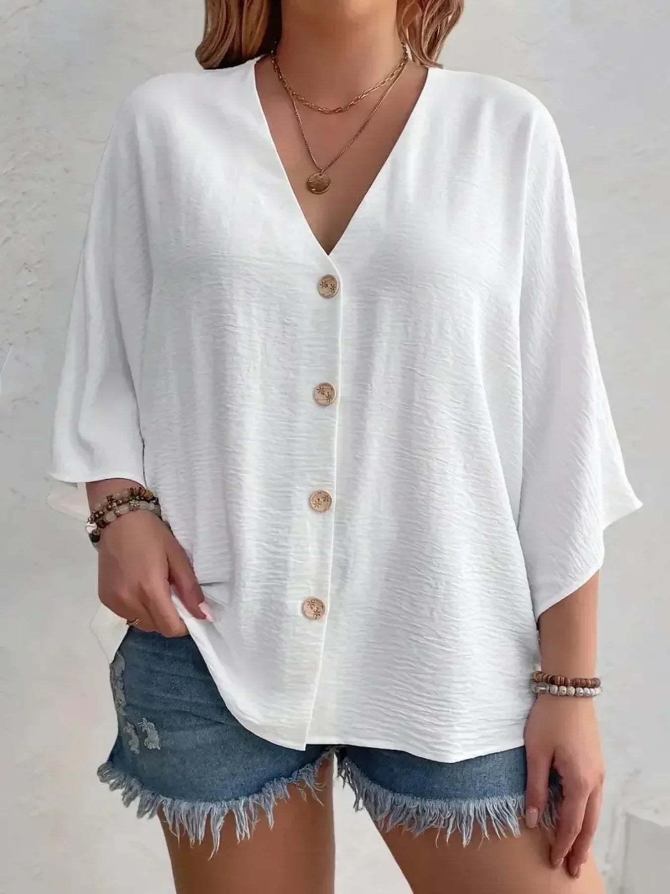 Plus-size Women's T-shirt Solid Color Breathable Spring/summer V-neck Button Travel Casual Wear with European and American Style