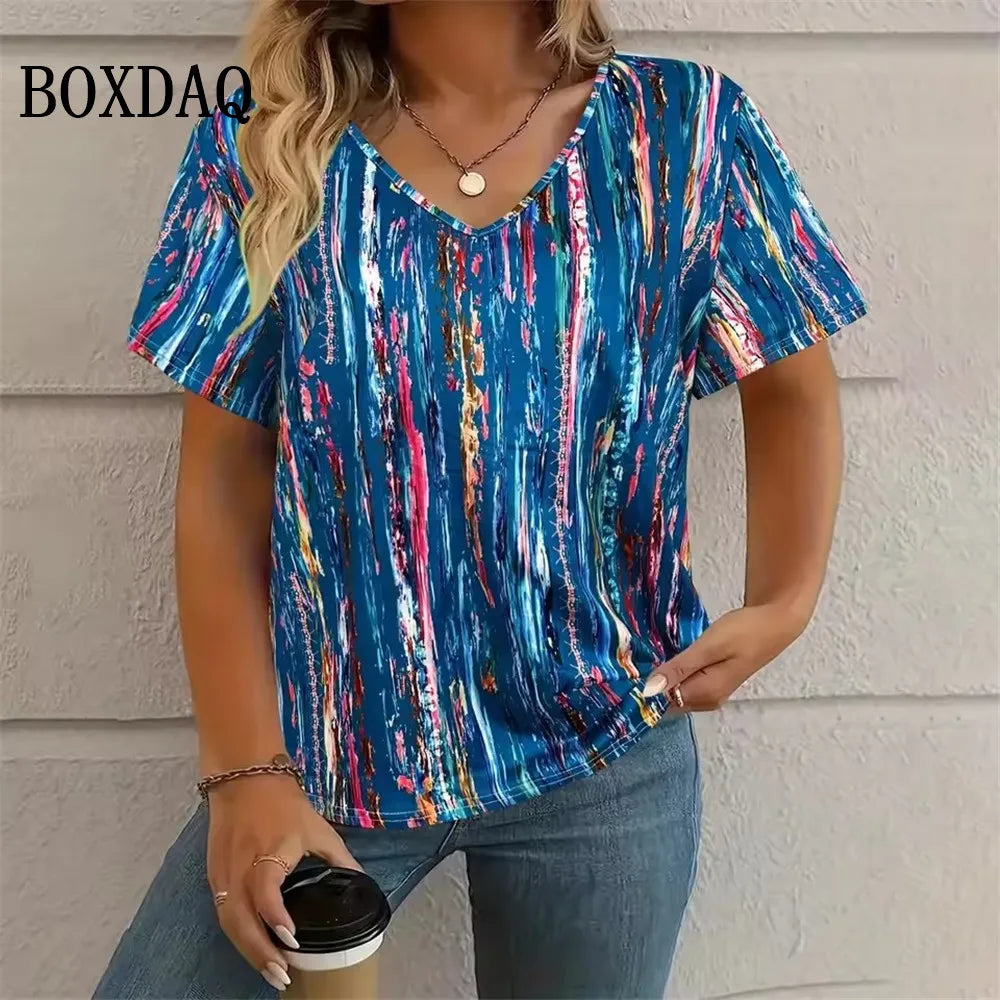 Summer Vintage Leopard 3D Print T-Shirt Women Streetwear Casual T Shirts Plus Size Tops Woman Loose V-Neck Tee Oversized Clothes