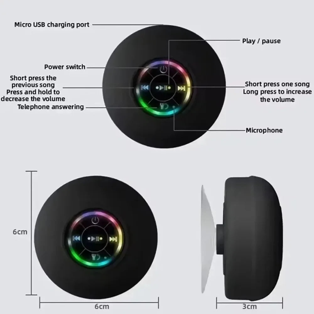 Bluetooth Speaker Mini Portable Wireless Bluetooth Audio Led IPX4 Waterproof Loudspeaker Large Suction Cup for Outdoor Bathroom