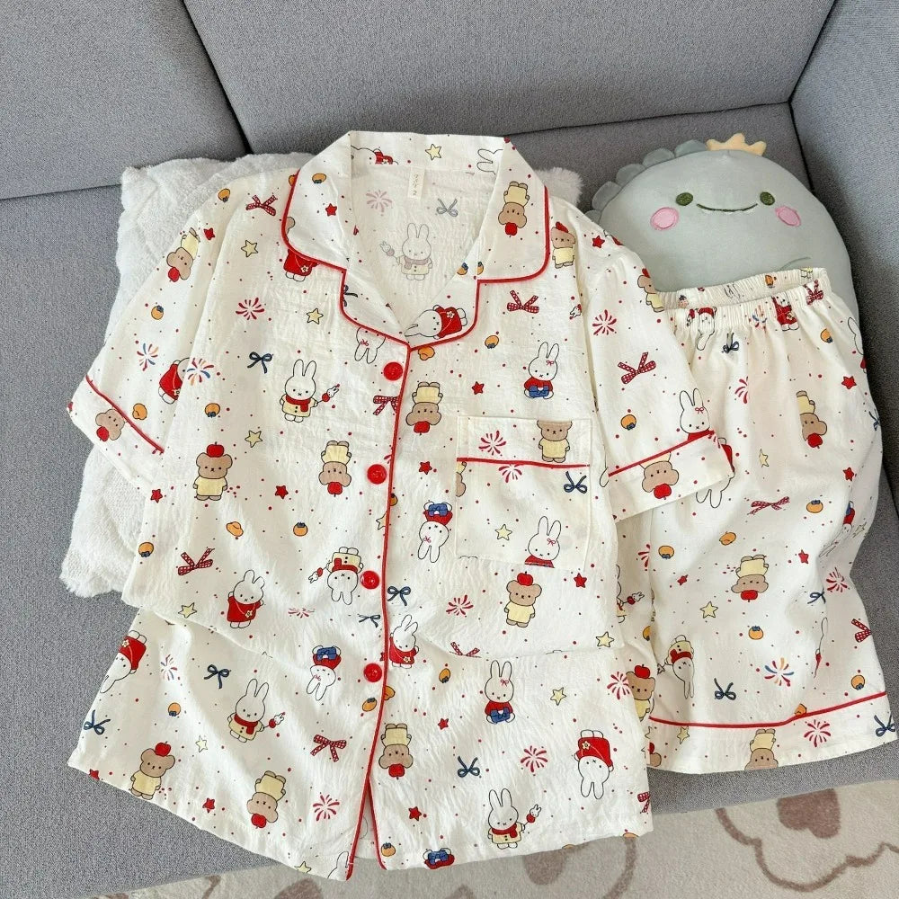 Miffy Women Pajamas Set Cute Summer Short Sleeve Shorts Comfortable Loose Homewear Soft Breathable Casual Loungewear Sleepwear