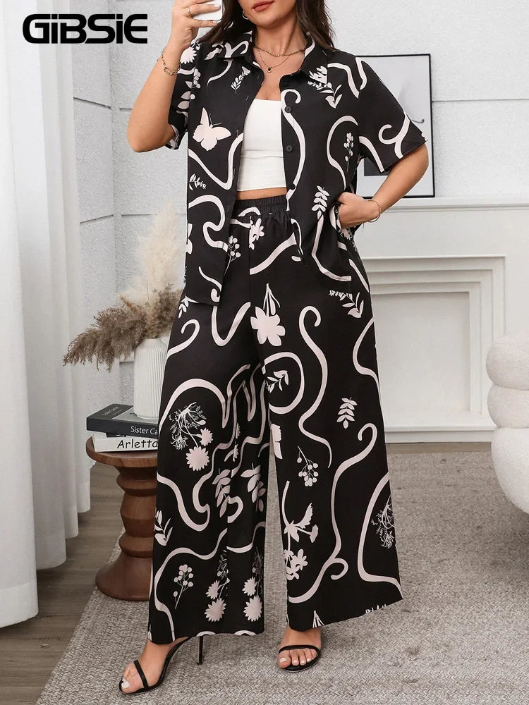 GIBSIE Plus Size Women's Casual Pants Sets Printing Loose Short-sleeved Shirts And Wide-leg Trousers Woman Two Piece Outfits