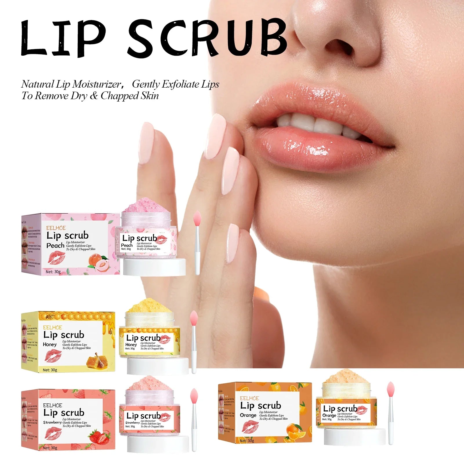 Watermelon Peach Lip Scrub: Moisturizes lips, replenishes moisture, reduces and improves dark circles around the mouth.
