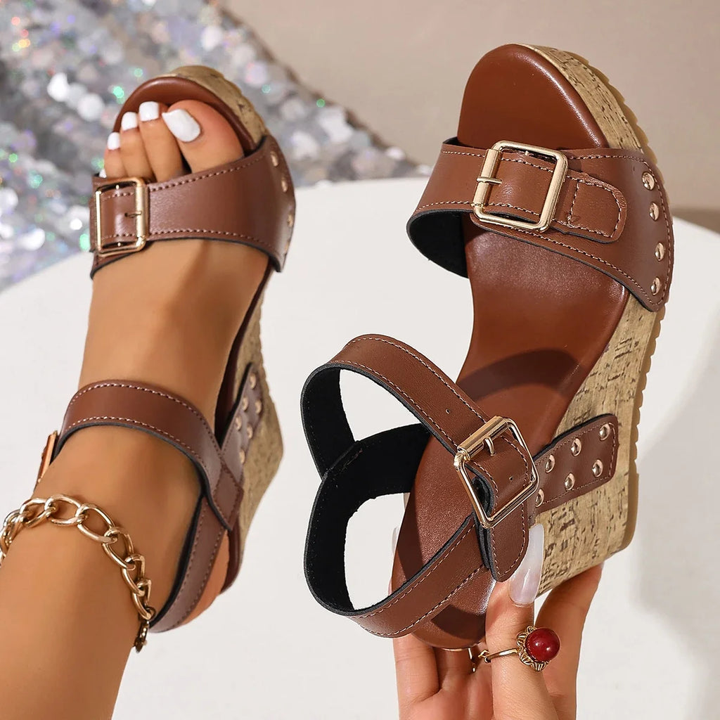 Woman Leather Summer Fashion Wedge Female Large Size Mid-heeled Platform Black New Comfortable Retro Sandals for Women