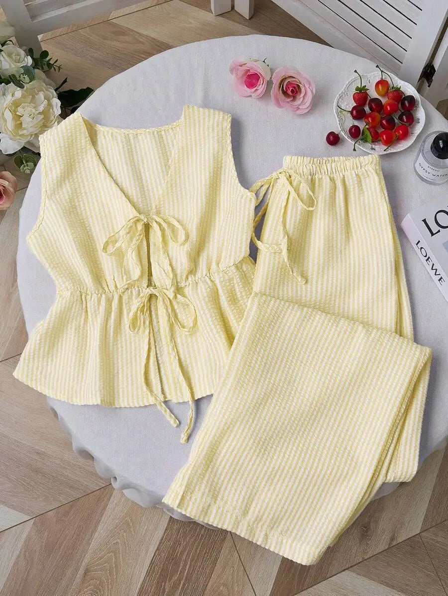 Solid Cami Wide Leg Pants Set | Tie Waist Loose Fit | Summer Two Piece Casual Outfit