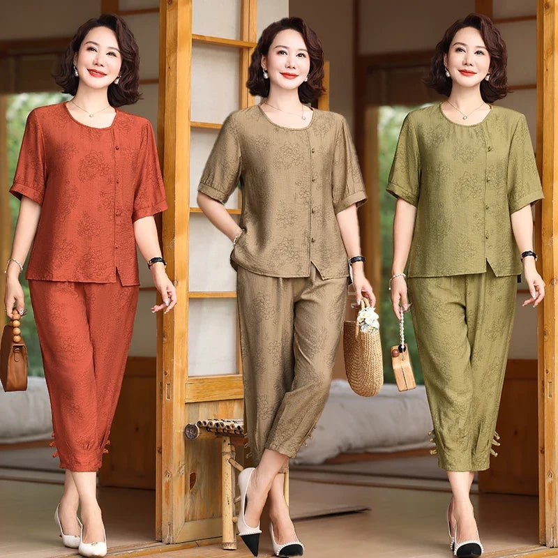 Fake Button T-shirt+pants Summer Embossed Knit Set Women's Fashion Casual Set Short Sleeved Classic Tops 2024 Plus Size Women