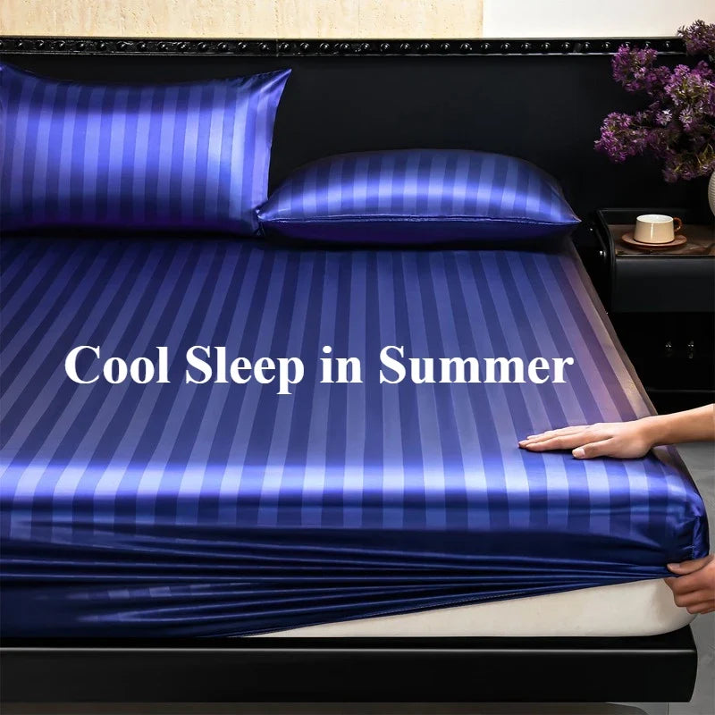 Luxury Satin Striped with Elastic Band Fitted Sheet Silky Soft Deep Pocket Bed Cover Standard Size Twin Full Queen King Bedding