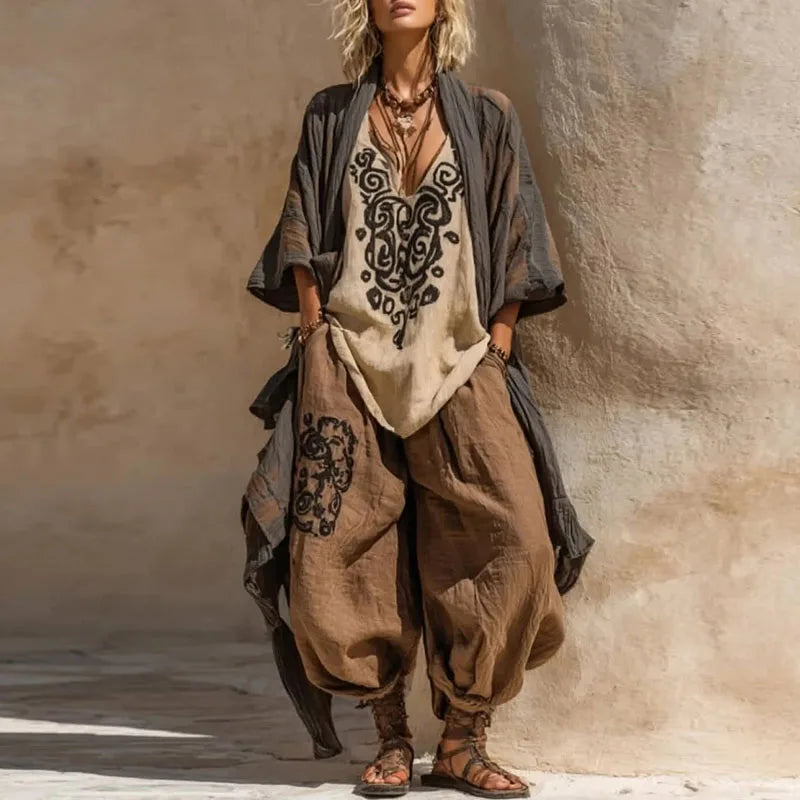 Summer Short Sleeve Loose Robe Set Woman Sexy V Neck Slit Top+Wide Leg Pants+Long Cardigan 3 Piece Suit Spring Print Chic Outfit