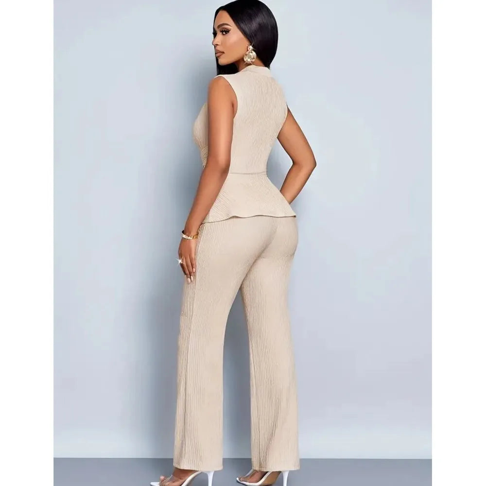 New Spring Summer Women's Trousers Two-piece Elegant Slim V-neck Sleeveless Irregular T-shirt Wide-leg Pants Office 2-piece Set
