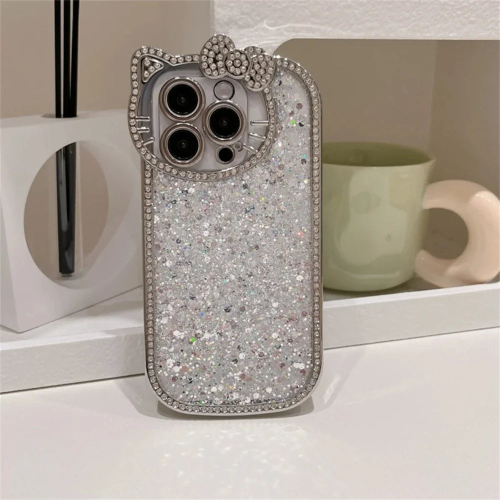 Luxury Sequins 3D Cat Ears Glitter Phone Case for Iphone 16 14 13 12 11 Pro Max 15 Plus Bling Diamond Plating Shockproof Cover