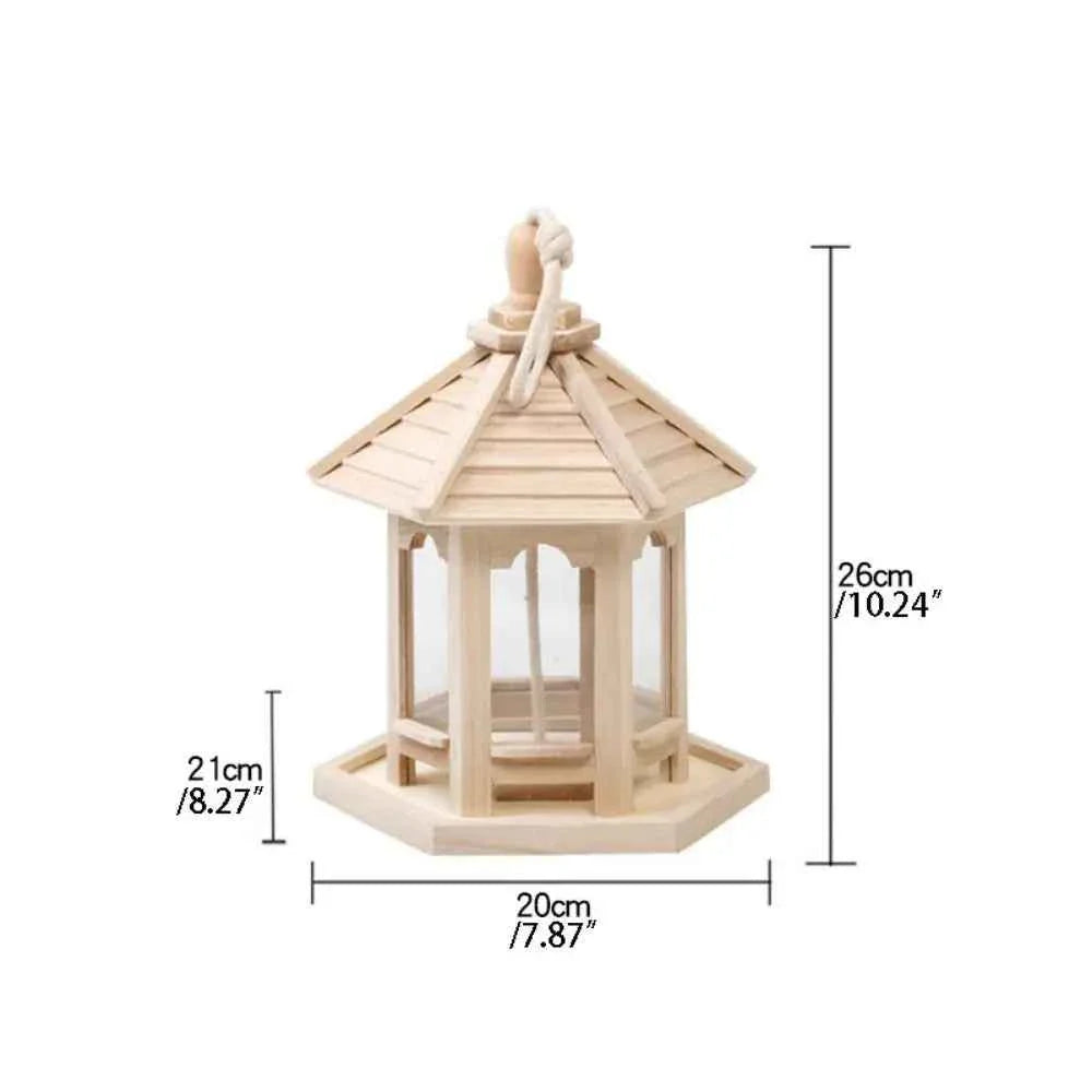 Bird House Ornaments House Shape Bird Feeder House Hanging Wooden Pet Feeder Box Bird Food Dispenser Balcony