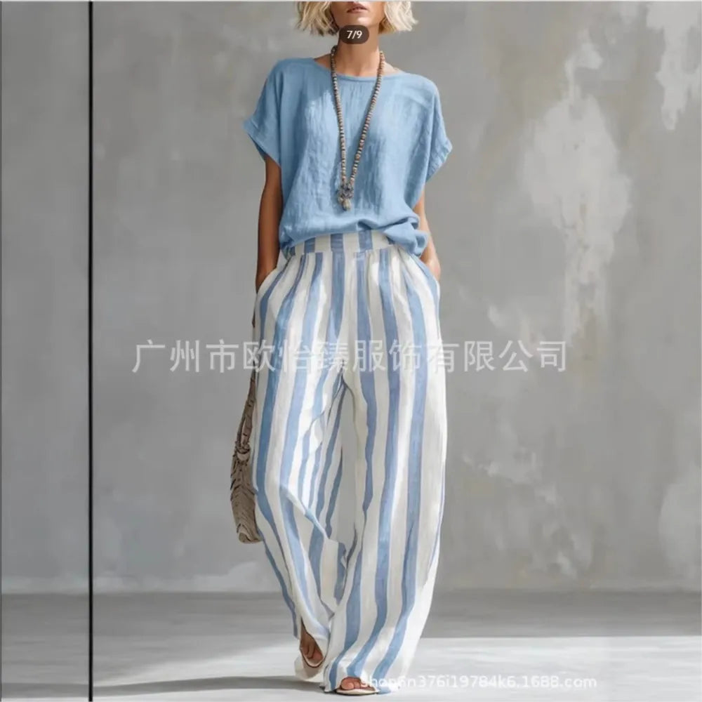 Fashion Linen Printed Striped Trousers Short-sleeved Women 2piece Set Summer New Retro Loose Wide-leg Trousers Female Casual Set