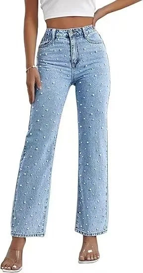 New 2026 Women's Jeans Pants Beading High Waist Casual Straight Pants for Women Streetwear Elegant Splice Denim Female Trousers