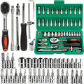 46Pcs Family Tools 1/4 Inch Drive Socket Set, Metric & SAE Hex Bit Sockets with Ratchet Wrench for Auto Repair & Household Tools