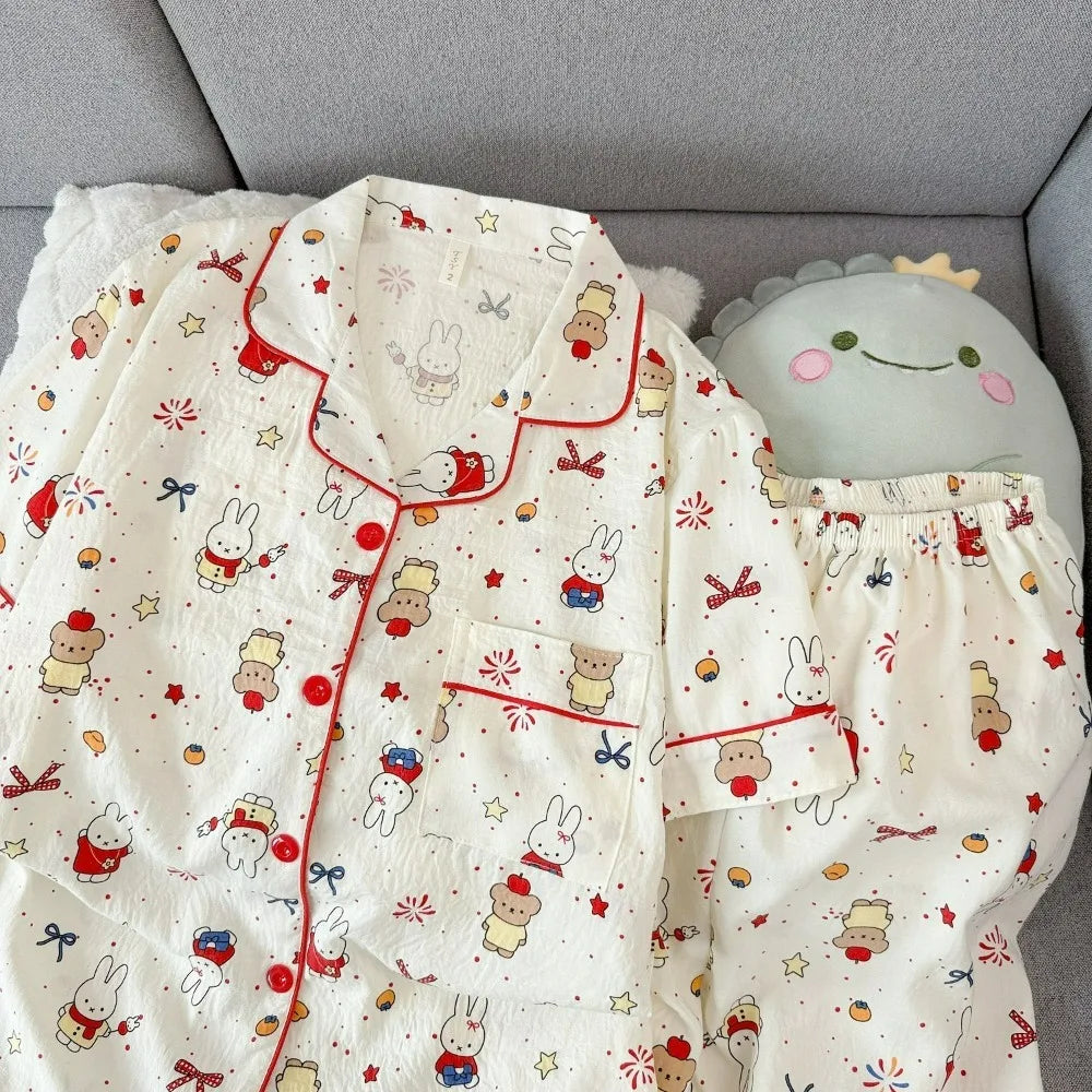 Miffy Women Pajamas Set Cute Summer Short Sleeve Shorts Comfortable Loose Homewear Soft Breathable Casual Loungewear Sleepwear