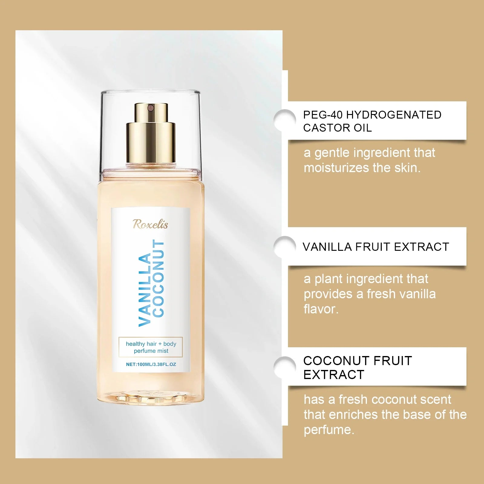 Vanilla Coconut Body Hair Mist - Long Lasting Fresh Romantic Fragrance, Travel Size Portable Spray Women Men Daily & Dating Use