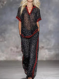 Women's Leopard Print Two Piece Outfit - Short Sleeve V-Neck Top & Wide Leg Pants Set Red Striped Trim Semi-Sheer Chiffon Set
