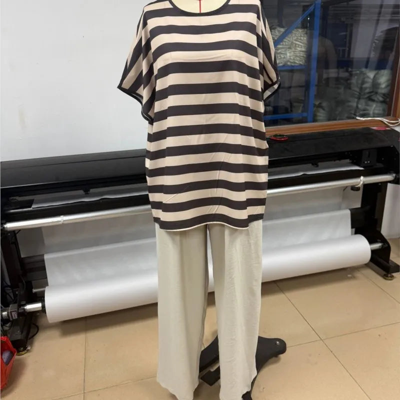 Fashion Striped Print Loose Two Piece Sets Women Casual Short Sleeve Top High Waist Wide Leg Pants Suit Summer Vacation Outfit