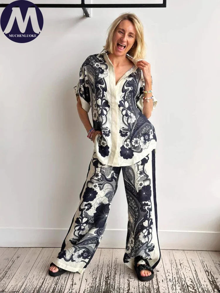 Women's Summer Versatile 2-Piece Set Printed Short Sleeve Shirt Top with Loose Wide Leg Pants Casual Fashion Outfit