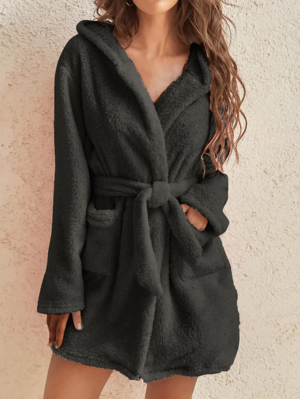 Women's Hooded Fleece Robe With Belt For Cozy Winter Home