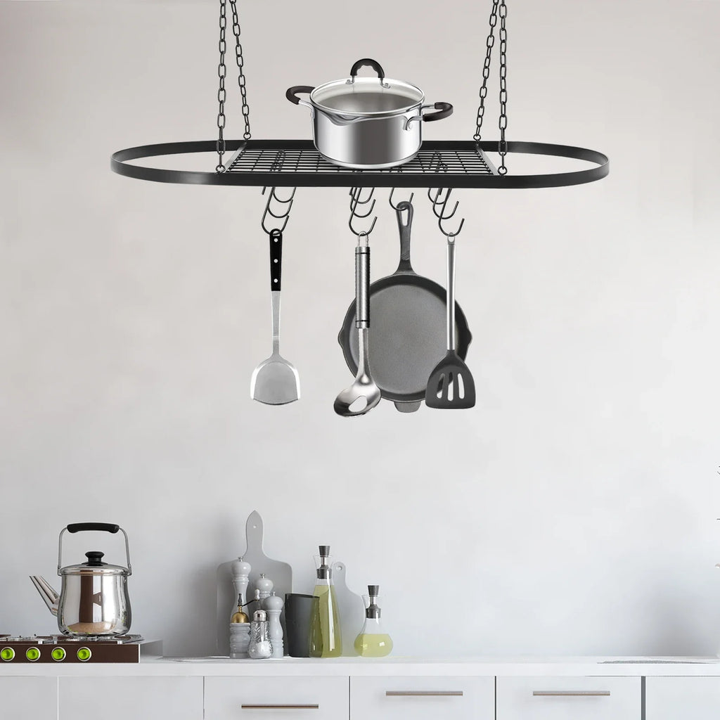 Iron Kitchen Wall Mounted Pot And Pan Rack With Hooks
