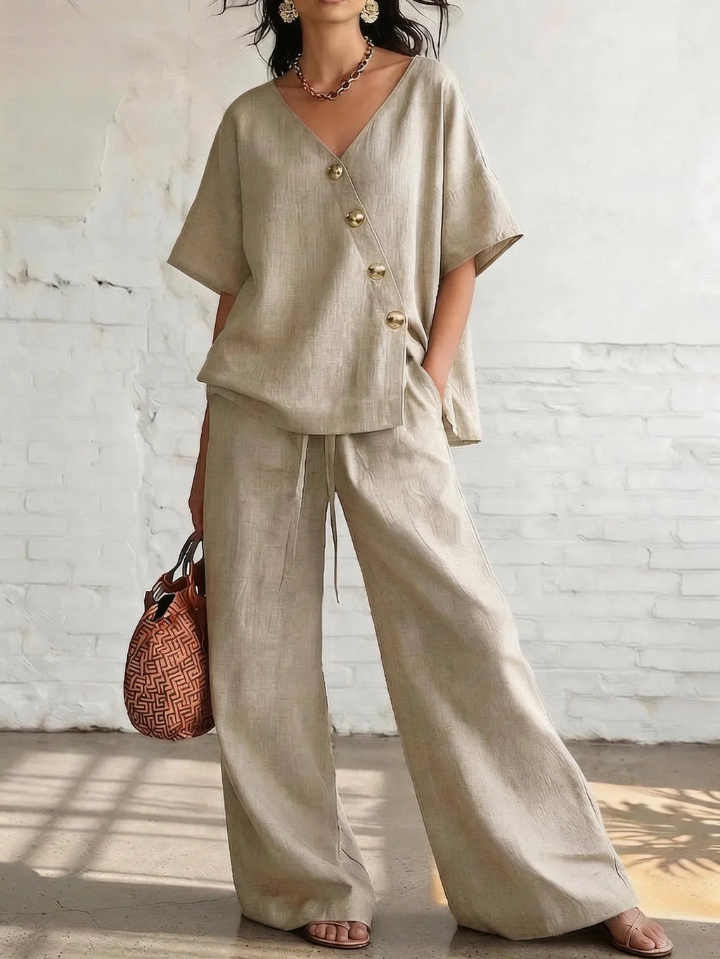 2026 Casual Cotton Loose Pants Sets Women Summer Fashion Short Sleeve V-neck Tops And Wide Leg Pant 2 Piece Set Woman Outfits