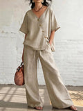 2026 Casual Cotton Loose Pants Sets Women Summer Fashion Short Sleeve V-neck Tops And Wide Leg Pant 2 Piece Set Woman Outfits
