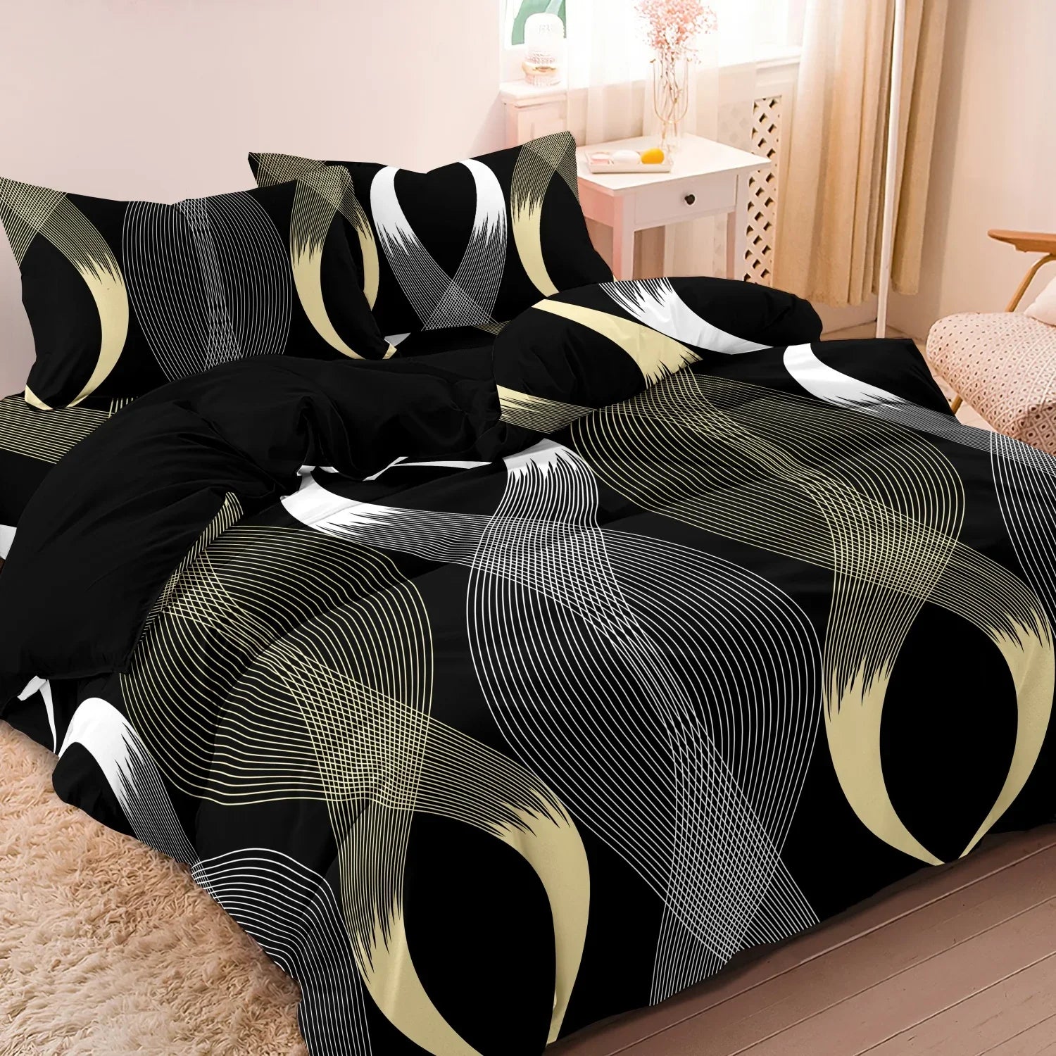3Pcs Botanical Geometric Lines Floral Design Bedding Set Included 1 Duvet Cover & 2 Pillowcases For All-Season Home Dorm Decor