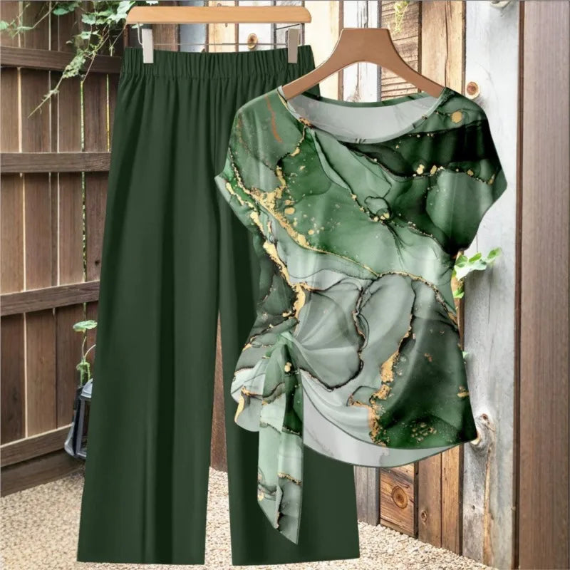New Casual Printed Two Piece Set for Women O Neck Short Sleeve Ruffled Tops T-Shirt + Loose Wide Leg Pants Suits Summer 2026