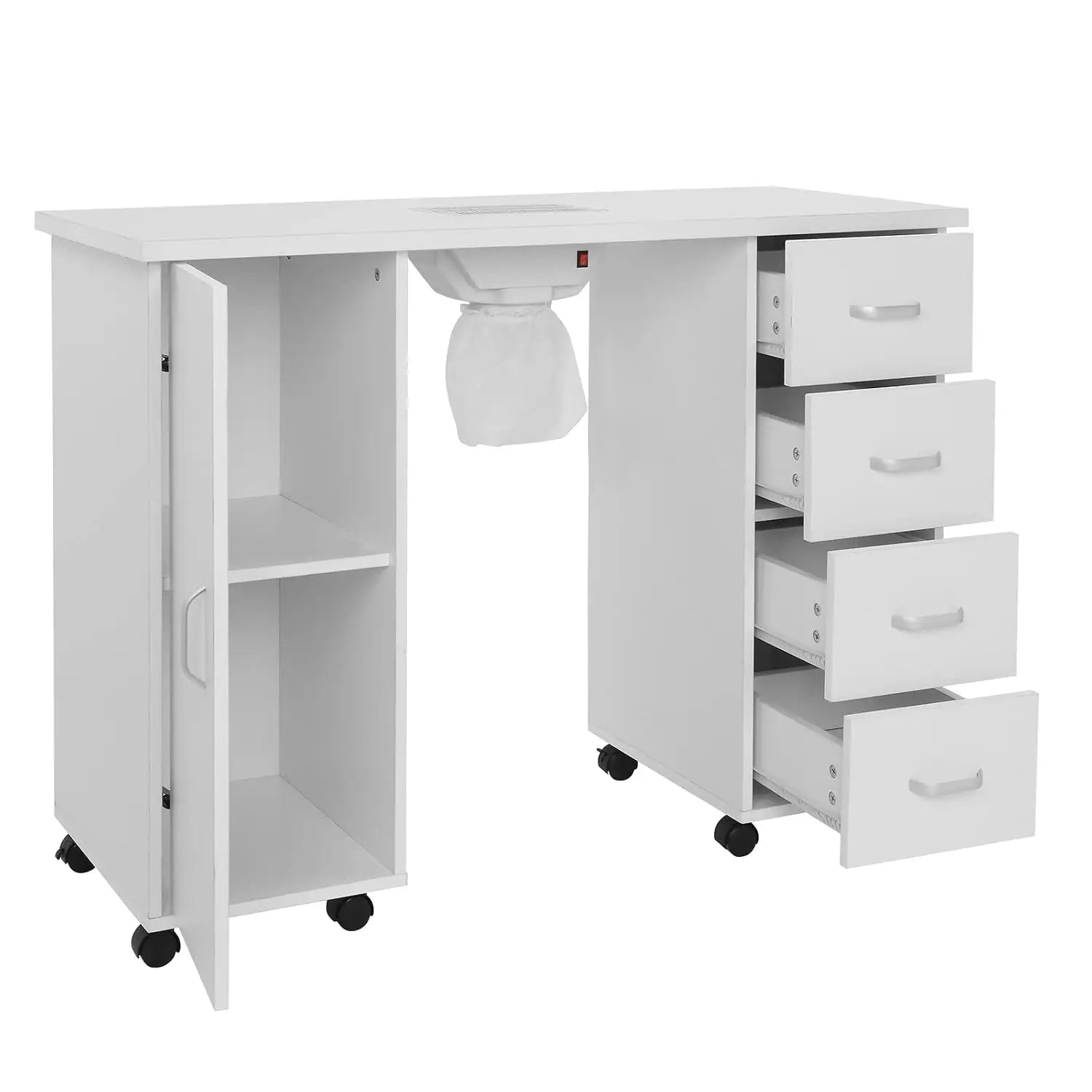 Manicure Nail Table, White Salon Desk with Dust Collector, 4 Drawers | Side Cabinet, Removable Drawers, Rolling, Customized