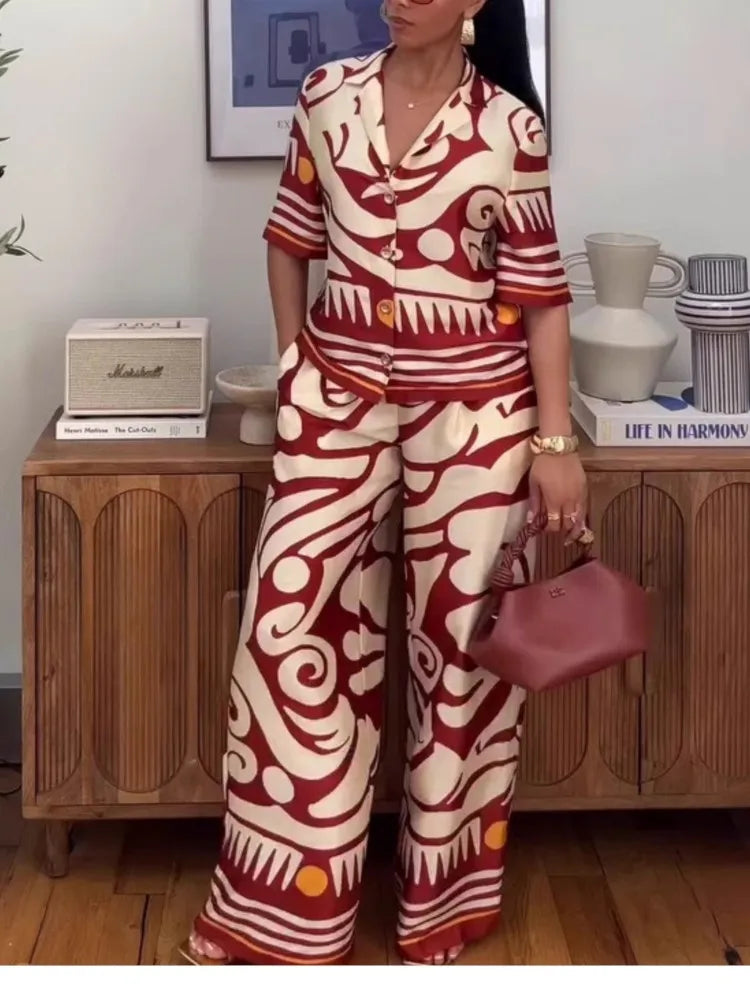 New Fashion Printed Two-piece Set Women's Short-sleeved Lapel Top High-waisted Wide-leg Pants Set Temperament Elegant Clothing