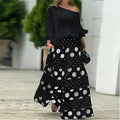 Spring Summer Elegant Fashion Print Women's Set Two-piece Casual One-Neck Off-Shoulder Long-Sleeve Solid Top Loose Culottes Suit