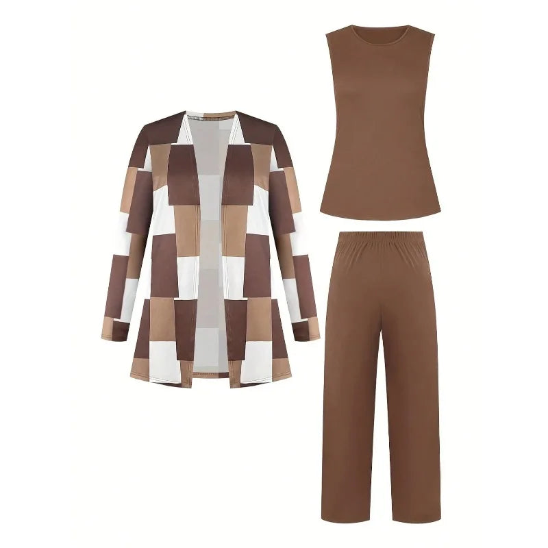 Plus Size New Women Three-piece Color Blocked Printed Set Long Sleeve Cardigan & Tank Top & Long Pants Women Outfit Sets