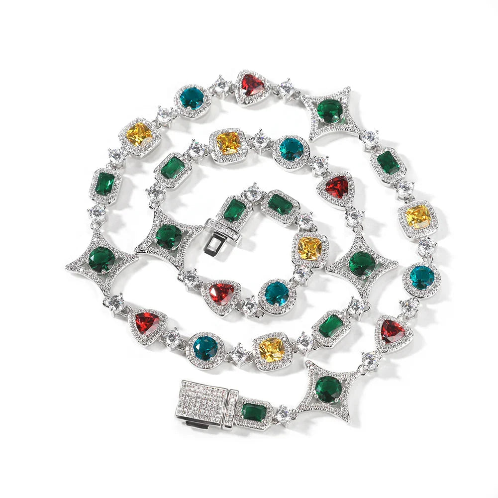 Iced Out Rainbow Necklace Women Heart/Star/Square Gemstones Link Chain Bracelets Fashion Jewelry