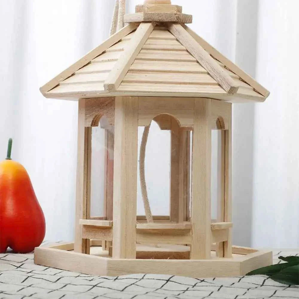 Bird House Ornaments House Shape Bird Feeder House Hanging Wooden Pet Feeder Box Bird Food Dispenser Balcony