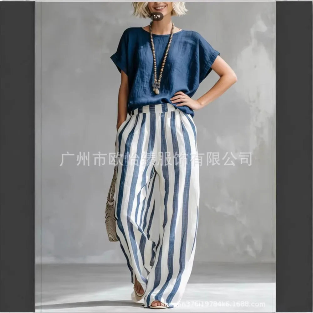 Fashion Linen Printed Striped Trousers Short-sleeved Women 2piece Set Summer New Retro Loose Wide-leg Trousers Female Casual Set