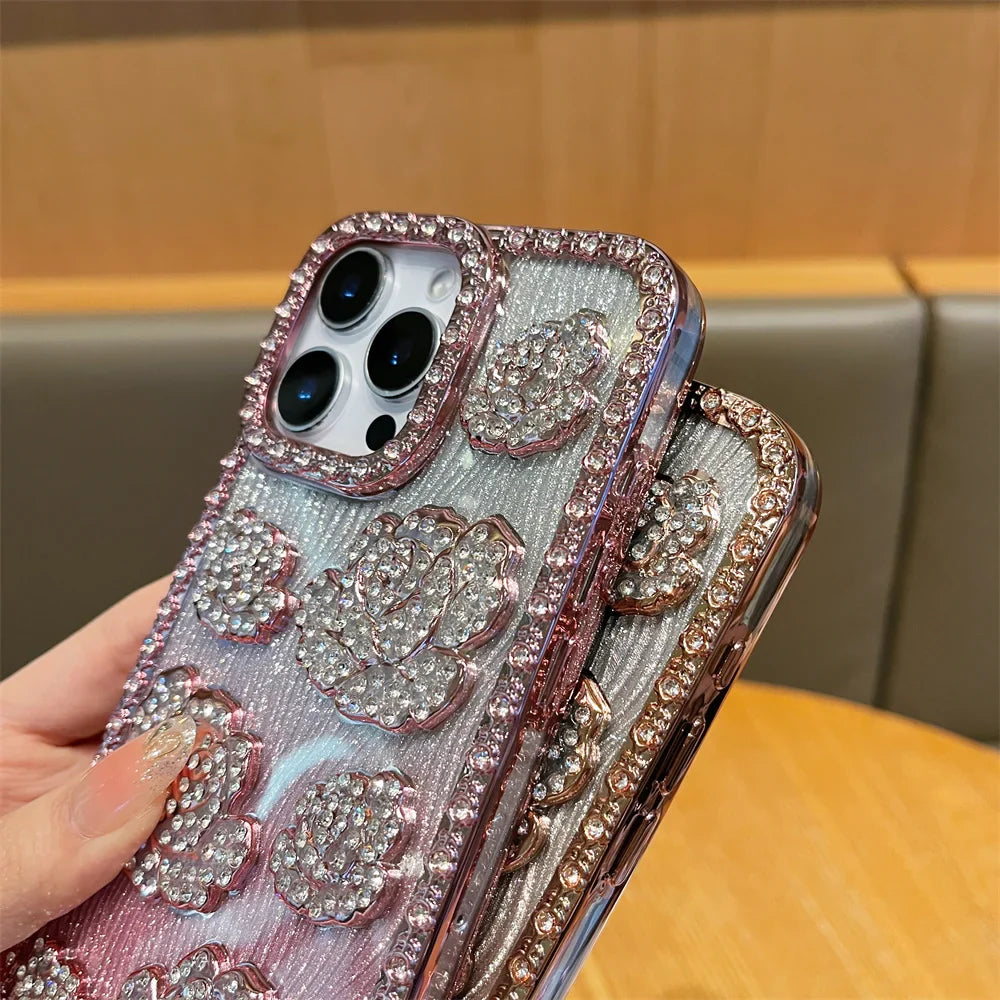 Fashion 3D Diamond Rose Phone Case for iPhone 16 15 14 13 11 12 Pro Max 16 Plus Bling Shiny Gradient Shockproof TPU Soft Cover
