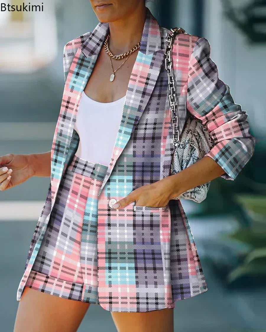 2026 Elegant Two Piece Blazer Suit Sets Women OL Office Sets Slim Cardigan Blazer Shorts Solid 2 Piece Set Casual Blazers Set