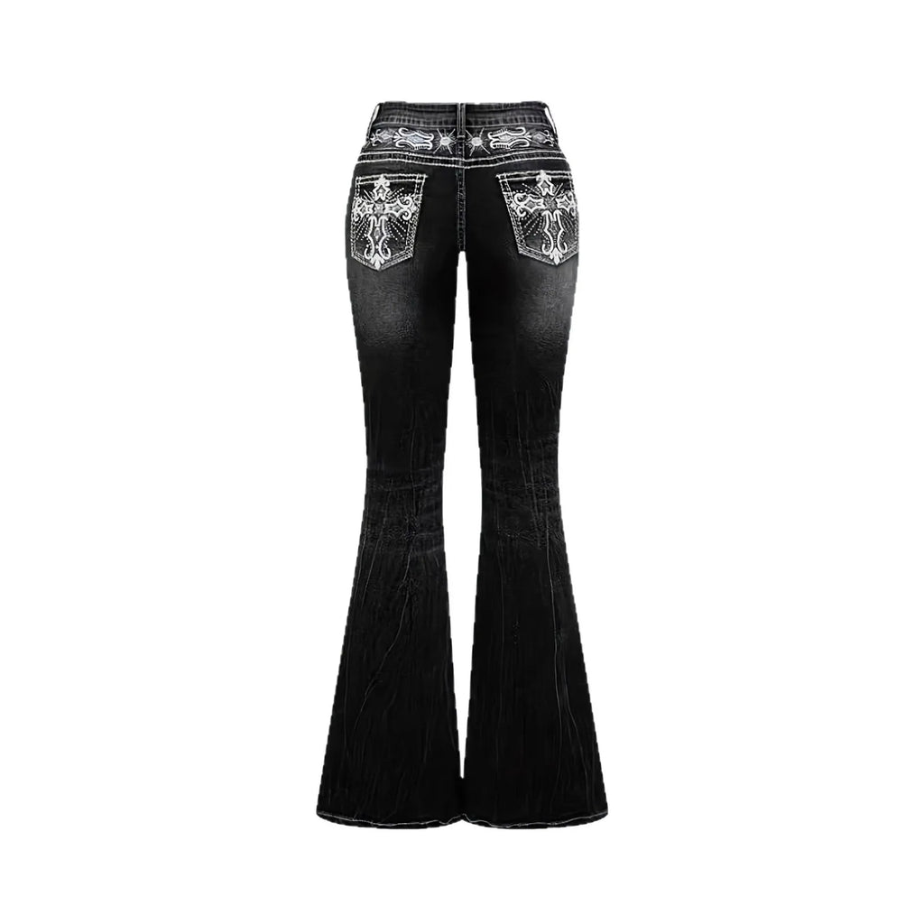 2026Trendy Y2K Style Flare Jeans for Women Dark Wash Skinny Fit with Rhinestone Embroidery Pocket Streetwear Casual Denim