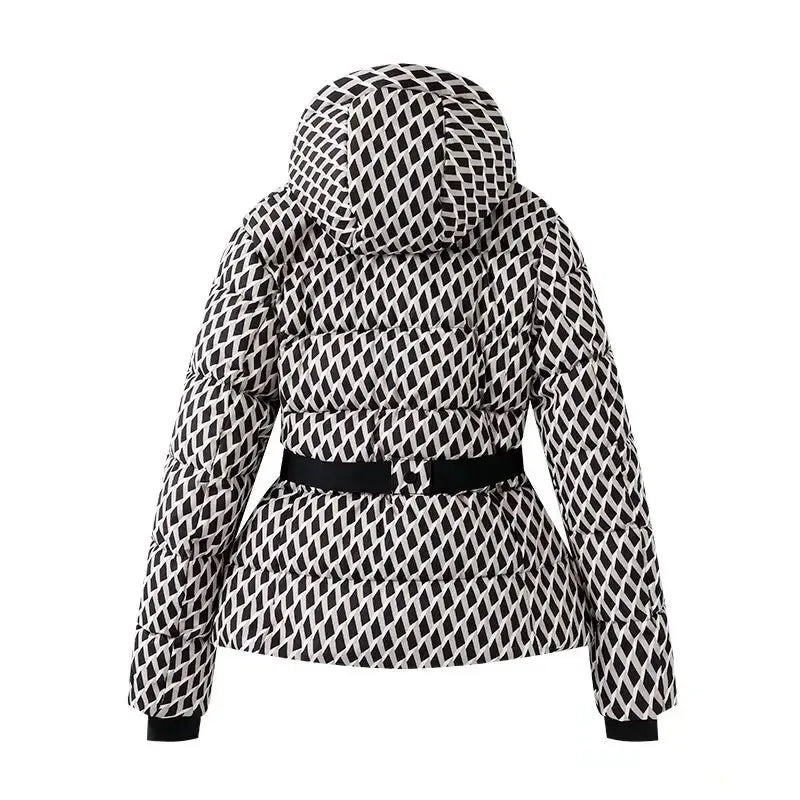 Women's Winter Hooded High Waist Padded Sport Parkas Coats with Belt Female Elegant Thick Warm Pockets Windproof Skiing Jackets