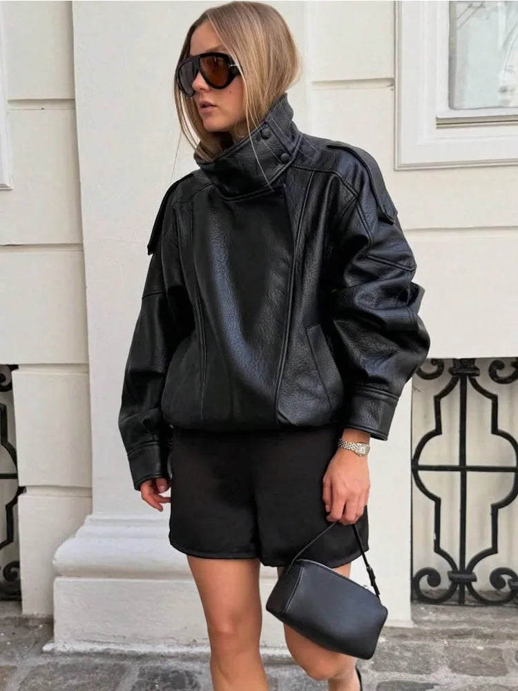 Fake leather Coat Women Y2k Faux Leather Jacket New Casual PU Jacket Motorcycle Style Leather Jacket Pebble Fall Personality